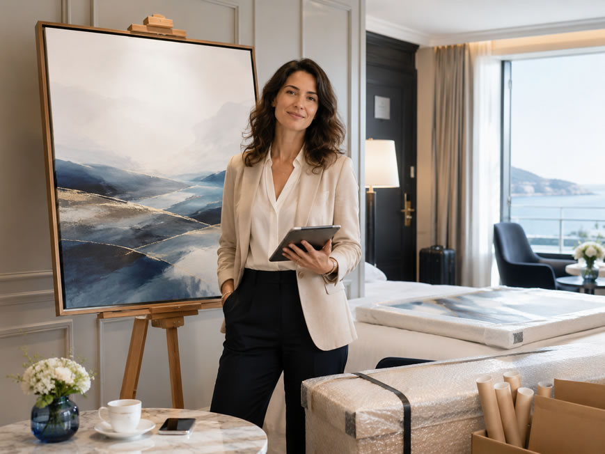 Gallery owner showing a personalised online art store to a collector
