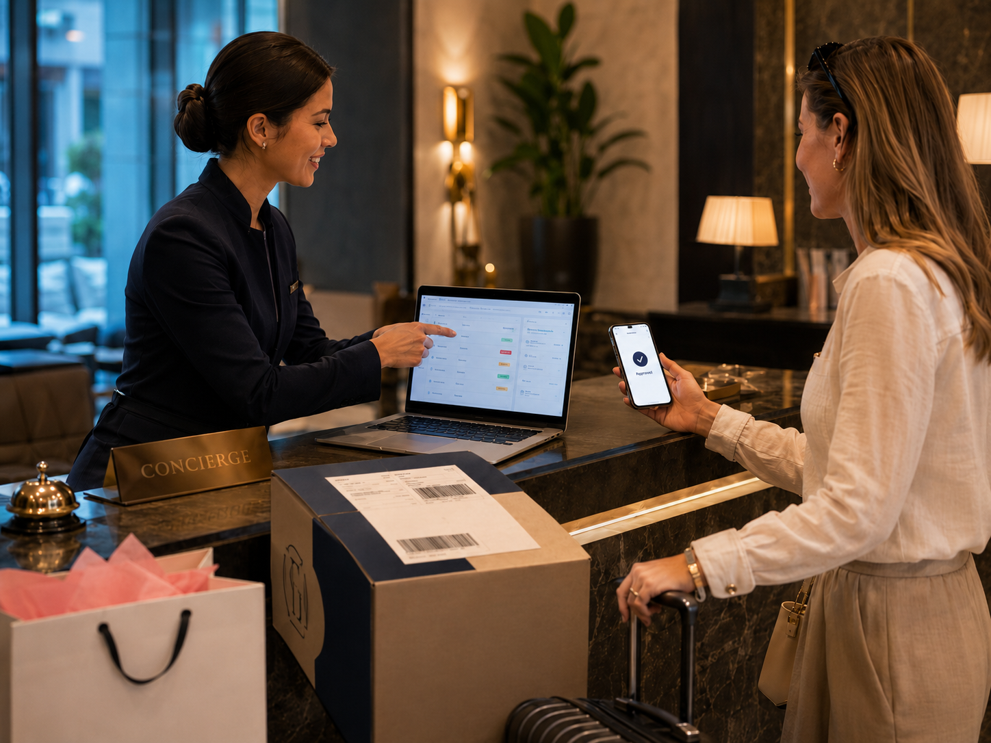 Hotel concierge helping a guest pay to ship shopping and a parcel home