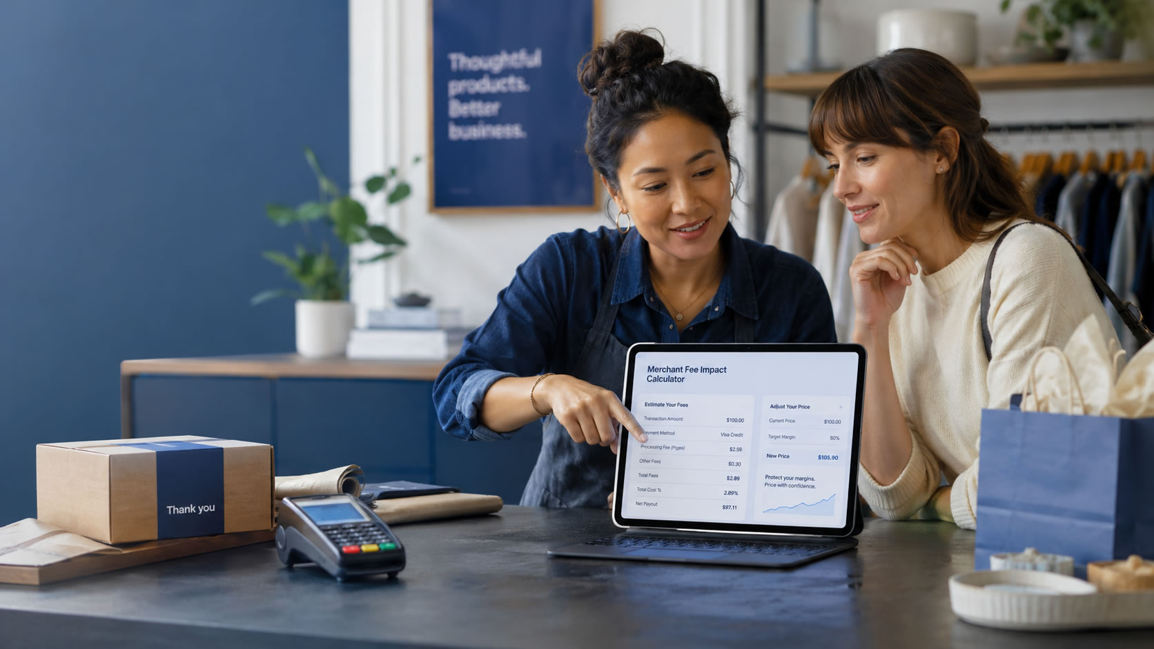 Merchant showing a fee impact calculator to a customer in a shop