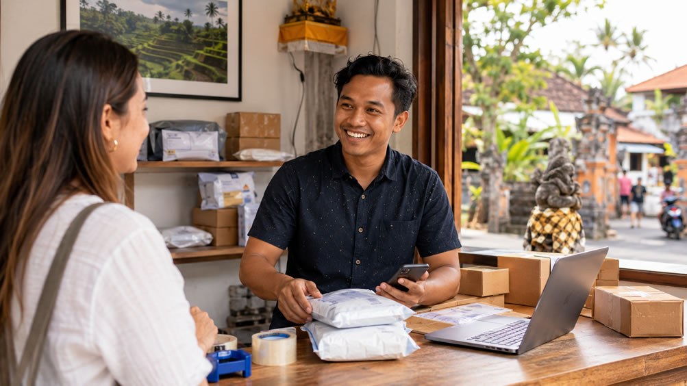 Shipping agent entrepreneur working from a sunny retail location in Bali with laptop and parcels