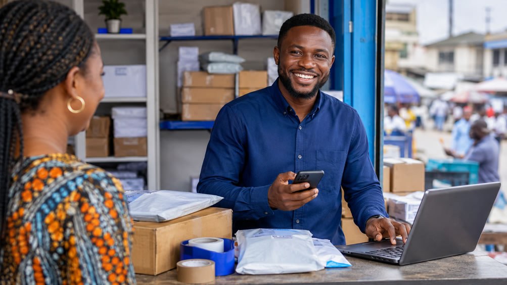 Smiling shipping agent entrepreneur serving a customer from a parcel counter in Nigeria